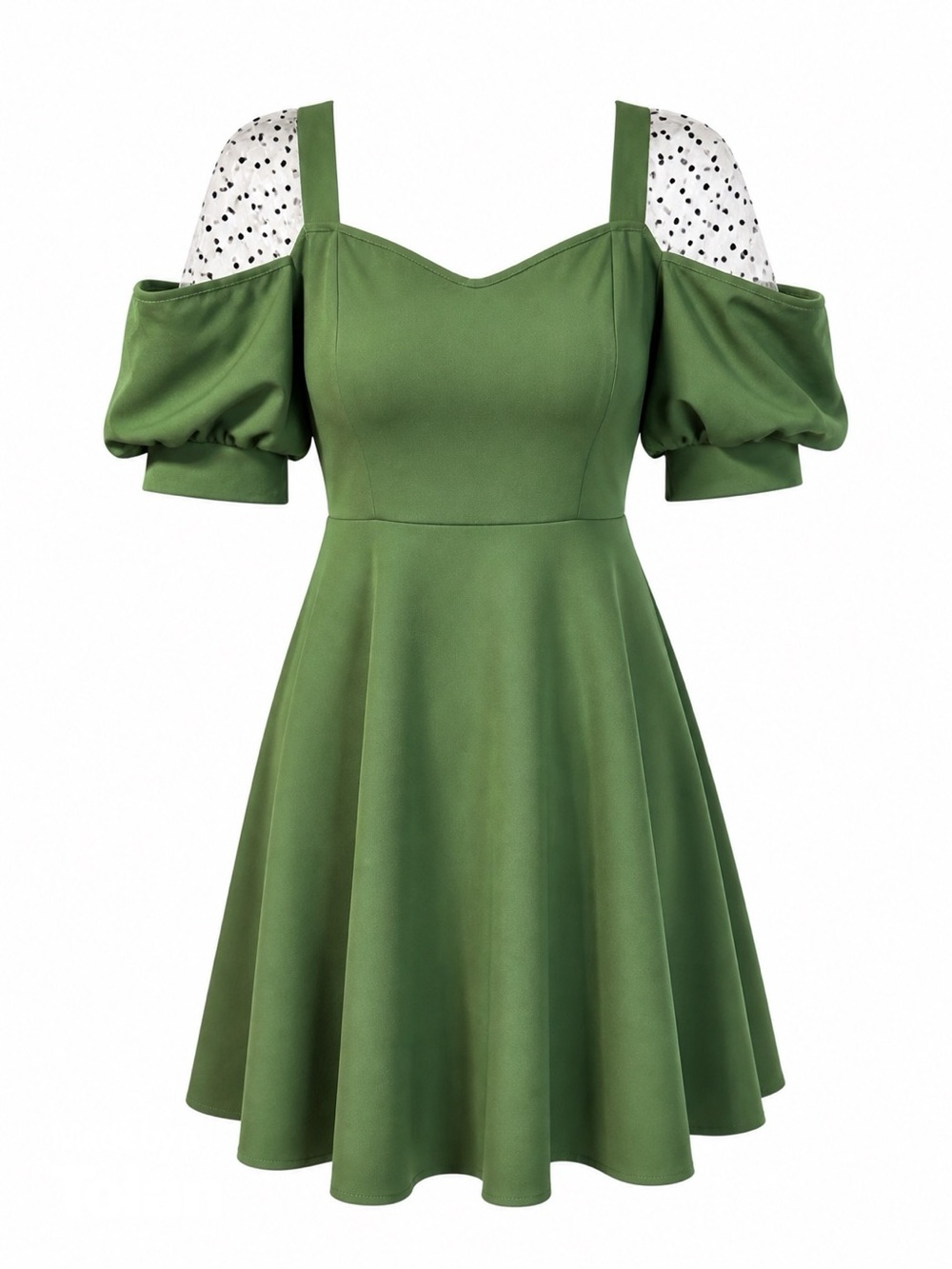 Green Puff-Sleeve Mini Dress with Polka-Dot Insets